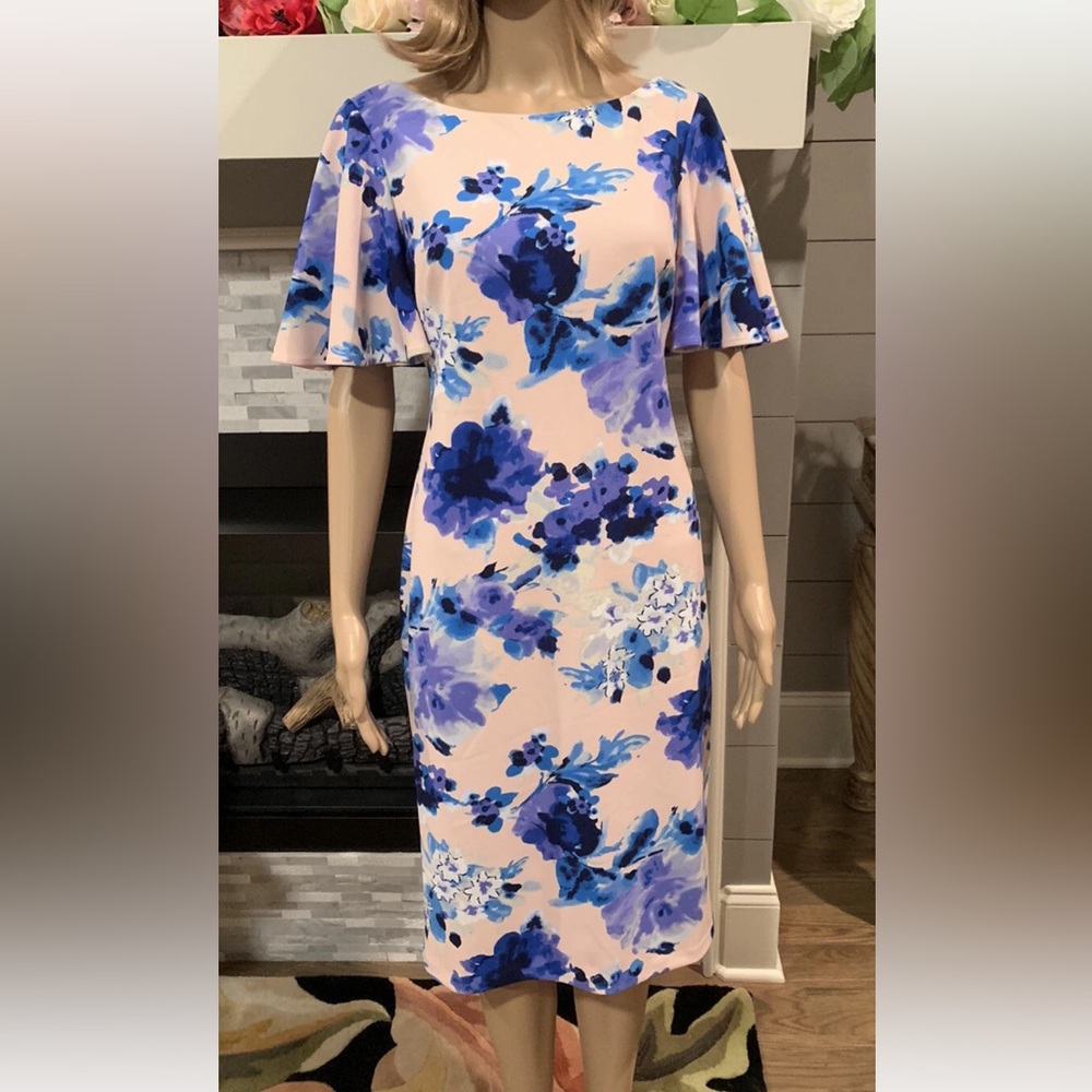 ELIZA J Women's Scoop Neck Flutter Sleeve Floral Sheath Dress, Sz 8  MSRP $128